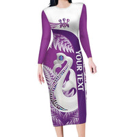 Personalised New Zealand Darts Family Matching Long Sleeve Bodycon Dress and Hawaiian Shirt Aotearoa Fern Mix Paua Shell Manaia - Purple