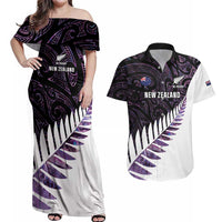 New Zealand Silver Fern Rugby Custom Couples Matching Off Shoulder Maxi Dress and Hawaiian Shirt Go All Black Purple Maori Paua Shell - Polynesian Pride