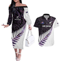 New Zealand Silver Fern Rugby Custom Couples Matching Off The Shoulder Long Sleeve Dress and Hawaiian Shirt Go All Black Purple Maori Paua Shell - Polynesian Pride