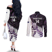 New Zealand Silver Fern Rugby Custom Couples Matching Off The Shoulder Long Sleeve Dress and Long Sleeve Button Shirt Go All Black Purple Maori Paua Shell - Polynesian Pride