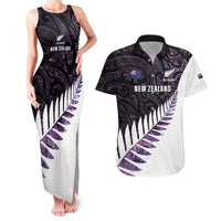 New Zealand Silver Fern Rugby Custom Couples Matching Tank Maxi Dress and Hawaiian Shirt Go All Black Purple Maori Paua Shell - Polynesian Pride