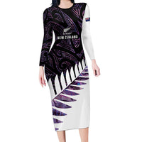 New Zealand Silver Fern Rugby Custom Long Sleeve Bodycon Dress Go All Black Purple Maori Paua Shell - Polynesian Pride