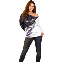 New Zealand Silver Fern Rugby Custom Off Shoulder Sweater Go All Black Purple Maori Paua Shell - Polynesian Pride