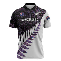 New Zealand Silver Fern Rugby Custom Zipper Polo Shirt Go All Black Purple Maori Paua Shell - Polynesian Pride