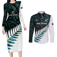 New Zealand Silver Fern Rugby Custom Couples Matching Long Sleeve Bodycon Dress and Long Sleeve Button Shirt Go All Black Turquoise Maori Paua Shell - Polynesian Pride
