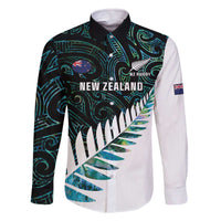 New Zealand Silver Fern Rugby Custom Family Matching Off The Shoulder Long Sleeve Dress and Hawaiian Shirt Go All Black Turquoise Maori Paua Shell - Polynesian Pride