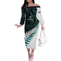 New Zealand Silver Fern Rugby Custom Family Matching Off The Shoulder Long Sleeve Dress and Hawaiian Shirt Go All Black Turquoise Maori Paua Shell - Polynesian Pride