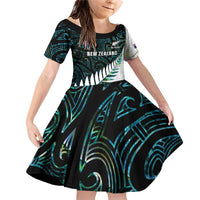 New Zealand Silver Fern Rugby Custom Family Matching Off Shoulder Short Dress and Hawaiian Shirt Go All Black Turquoise Maori Paua Shell - Polynesian Pride