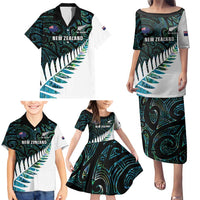 New Zealand Silver Fern Rugby Custom Family Matching Puletasi and Hawaiian Shirt Go All Black Turquoise Maori Paua Shell - Polynesian Pride