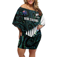 New Zealand Silver Fern Rugby Custom Off Shoulder Short Dress Go All Black Turquoise Maori Paua Shell - Polynesian Pride