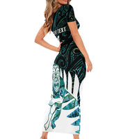 New Zealand Silver Fern Rugby Custom Short Sleeve Bodycon Dress Go All Black Turquoise Maori Paua Shell - Polynesian Pride