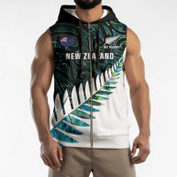 New Zealand Silver Fern Rugby Custom Sleeveless Zip Hoodie Go All Black Turquoise Maori Paua Shell - Polynesian Pride