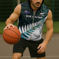 New Zealand Silver Fern Rugby Custom Sleeveless Zip Hoodie Go All Black Turquoise Maori Paua Shell - Polynesian Pride