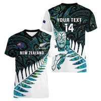 New Zealand Silver Fern Rugby Custom Women V-Neck T-Shirt Go All Black Turquoise Maori Paua Shell - Polynesian Pride