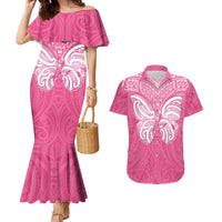 New Zealand Breast Cancer Awareness Couples Matching Mermaid Dress and Hawaiian Shirt Maori Butterfly Pink Ribbon - Polynesian Pride