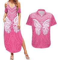New Zealand Breast Cancer Awareness Couples Matching Summer Maxi Dress and Hawaiian Shirt Maori Butterfly Pink Ribbon - Polynesian Pride