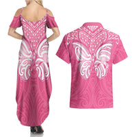New Zealand Breast Cancer Awareness Couples Matching Summer Maxi Dress and Hawaiian Shirt Maori Butterfly Pink Ribbon - Polynesian Pride