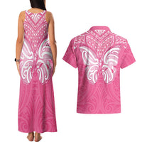 New Zealand Breast Cancer Awareness Couples Matching Tank Maxi Dress and Hawaiian Shirt Maori Butterfly Pink Ribbon - Polynesian Pride