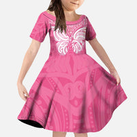 New Zealand Breast Cancer Awareness Family Matching Off The Shoulder Long Sleeve Dress and Hawaiian Shirt Maori Butterfly Pink Ribbon - Polynesian Pride