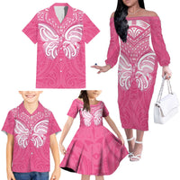 New Zealand Breast Cancer Awareness Family Matching Off The Shoulder Long Sleeve Dress and Hawaiian Shirt Maori Butterfly Pink Ribbon - Polynesian Pride