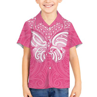 New Zealand Breast Cancer Awareness Family Matching Off Shoulder Short Dress and Hawaiian Shirt Maori Butterfly Pink Ribbon - Polynesian Pride