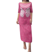 New Zealand Breast Cancer Awareness Family Matching Puletasi and Hawaiian Shirt Maori Butterfly Pink Ribbon - Polynesian Pride