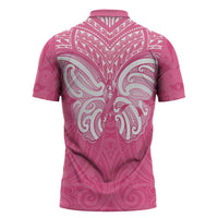 New Zealand Breast Cancer Awareness Zipper Polo Shirt Maori Butterfly Pink Ribbon - Polynesian Pride