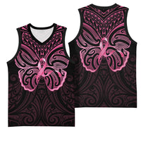 New Zealand Breast Cancer Awareness Basketball Jersey Maori Butterfly Pink Ribbon Black Version - Polynesian Pride