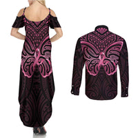 New Zealand Breast Cancer Awareness Couples Matching Summer Maxi Dress and Long Sleeve Button Shirt Maori Butterfly Pink Ribbon Black Version - Polynesian Pride