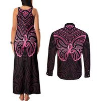 New Zealand Breast Cancer Awareness Couples Matching Tank Maxi Dress and Long Sleeve Button Shirt Maori Butterfly Pink Ribbon Black Version - Polynesian Pride