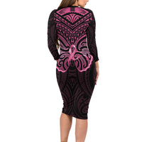 New Zealand Breast Cancer Awareness Family Matching Long Sleeve Bodycon Dress and Hawaiian Shirt Maori Butterfly Pink Ribbon Black Version - Polynesian Pride