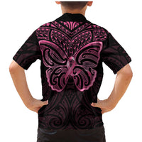 New Zealand Breast Cancer Awareness Family Matching Mermaid Dress and Hawaiian Shirt Maori Butterfly Pink Ribbon Black Version - Polynesian Pride
