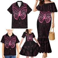 New Zealand Breast Cancer Awareness Family Matching Mermaid Dress and Hawaiian Shirt Maori Butterfly Pink Ribbon Black Version - Polynesian Pride
