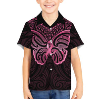 New Zealand Breast Cancer Awareness Family Matching Off Shoulder Short Dress and Hawaiian Shirt Maori Butterfly Pink Ribbon Black Version - Polynesian Pride