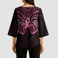 New Zealand Breast Cancer Awareness Kimono Sleeve Blouse Maori Butterfly Pink Ribbon Black Version - Polynesian Pride