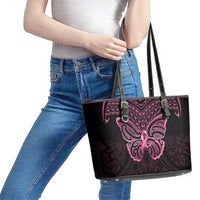 New Zealand Breast Cancer Awareness Leather Tote Bag Maori Butterfly Pink Ribbon Black Version - Polynesian Pride