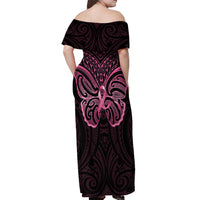 New Zealand Breast Cancer Awareness Off Shoulder Maxi Dress Maori Butterfly Pink Ribbon Black Version - Polynesian Pride