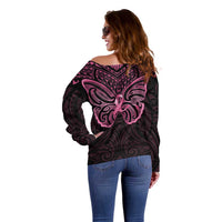 New Zealand Breast Cancer Awareness Off Shoulder Sweater Maori Butterfly Pink Ribbon Black Version - Polynesian Pride