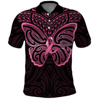 New Zealand Breast Cancer Awareness Polo Shirt Maori Butterfly Pink Ribbon Black Version - Polynesian Pride