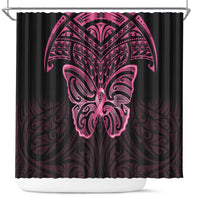 New Zealand Breast Cancer Awareness Shower Curtain Maori Butterfly Pink Ribbon Black Version - Polynesian Pride