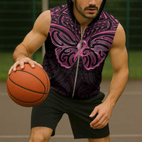 New Zealand Breast Cancer Awareness Sleeveless Zip Hoodie Maori Butterfly Pink Ribbon Black Version - Polynesian Pride