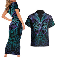 Suicide Prevention New Zealand Couples Matching Short Sleeve Bodycon Dress and Hawaiian Shirt Aotearoa Maori Butterfly Mix Silver Fern - Polynesian Pride
