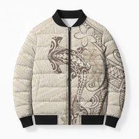 Beige Hawaii Bomber Puffer Jacket Hammerhead Shark Tattoo Curve Polynesian - Polynesian Pride