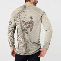 Beige Hawaii Button Sweatshirt Hammerhead Shark Tattoo Curve Polynesian - Polynesian Pride