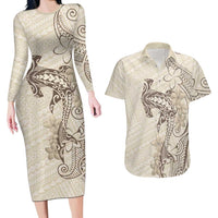 Beige Hawaii Couples Matching Long Sleeve Bodycon Dress and Hawaiian Shirt Hammerhead Shark Tattoo Curve Polynesian - Polynesian Pride