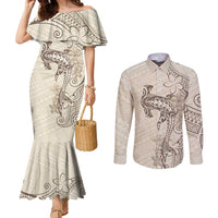 Beige Hawaii Couples Matching Mermaid Dress and Long Sleeve Button Shirt Hammerhead Shark Tattoo Curve Polynesian - Polynesian Pride