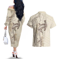 Beige Hawaii Couples Matching Off The Shoulder Long Sleeve Dress and Hawaiian Shirt Hammerhead Shark Tattoo Curve Polynesian - Polynesian Pride