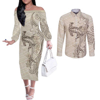 Beige Hawaii Couples Matching Off The Shoulder Long Sleeve Dress and Long Sleeve Button Shirt Hammerhead Shark Tattoo Curve Polynesian - Polynesian Pride