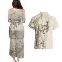 Beige Hawaii Couples Matching Puletasi and Hawaiian Shirt Hammerhead Shark Tattoo Curve Polynesian - Polynesian Pride