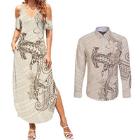 Beige Hawaii Couples Matching Summer Maxi Dress and Long Sleeve Button Shirt Hammerhead Shark Tattoo Curve Polynesian - Polynesian Pride